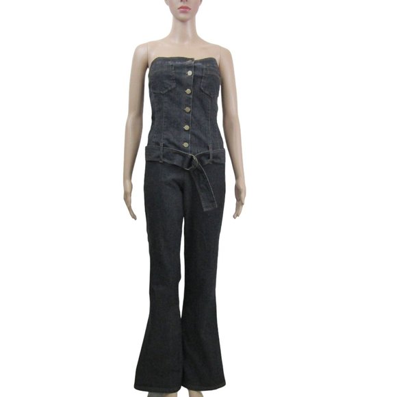 Vintage Pants - Vintage 80s denim boho strapless flare bell bottom belted jumpsuit size S M